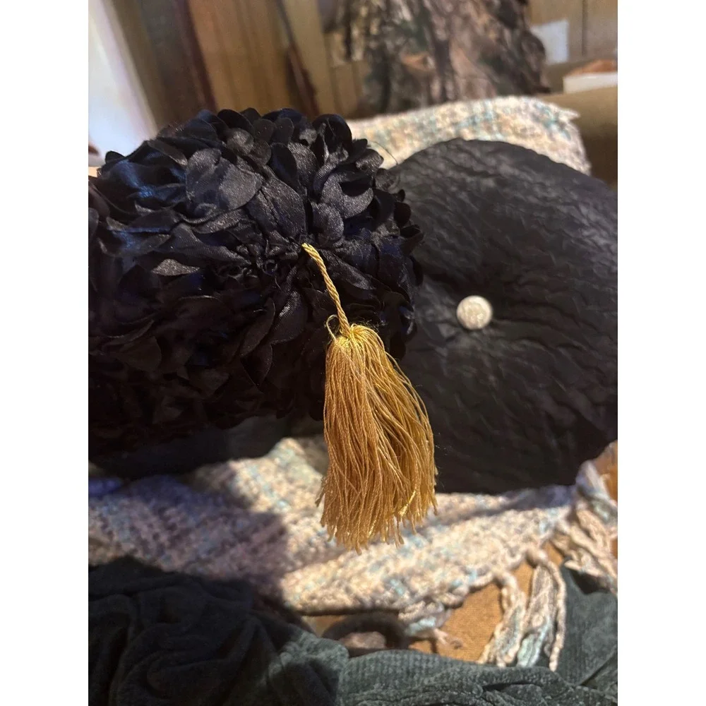 Black 3D Rosette Bolster and Crinkle Round Decorative Throw Pillow Set 3pc